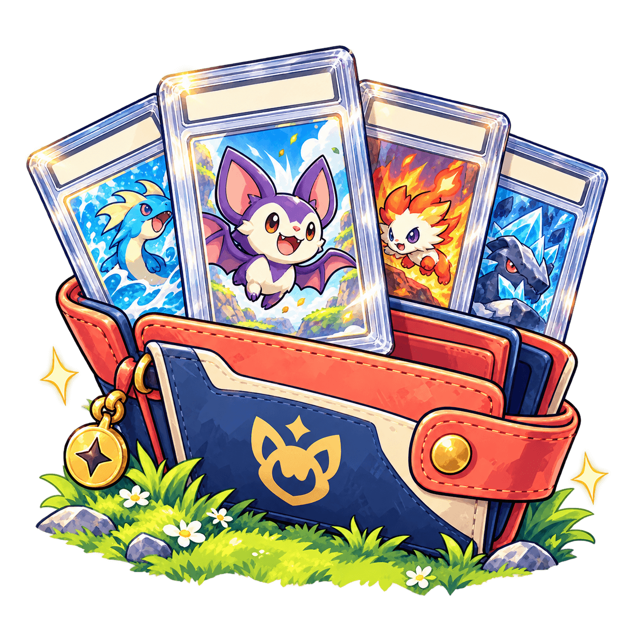 Four collectible card slabs tucked into an open wallet